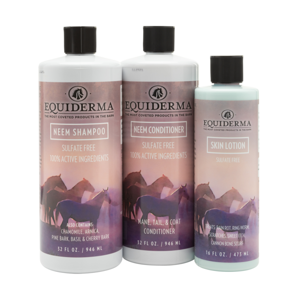 Equiderma Neem Shampoo Conditioner and Skin Lotion Silky Smooth Protection Combo for Horses